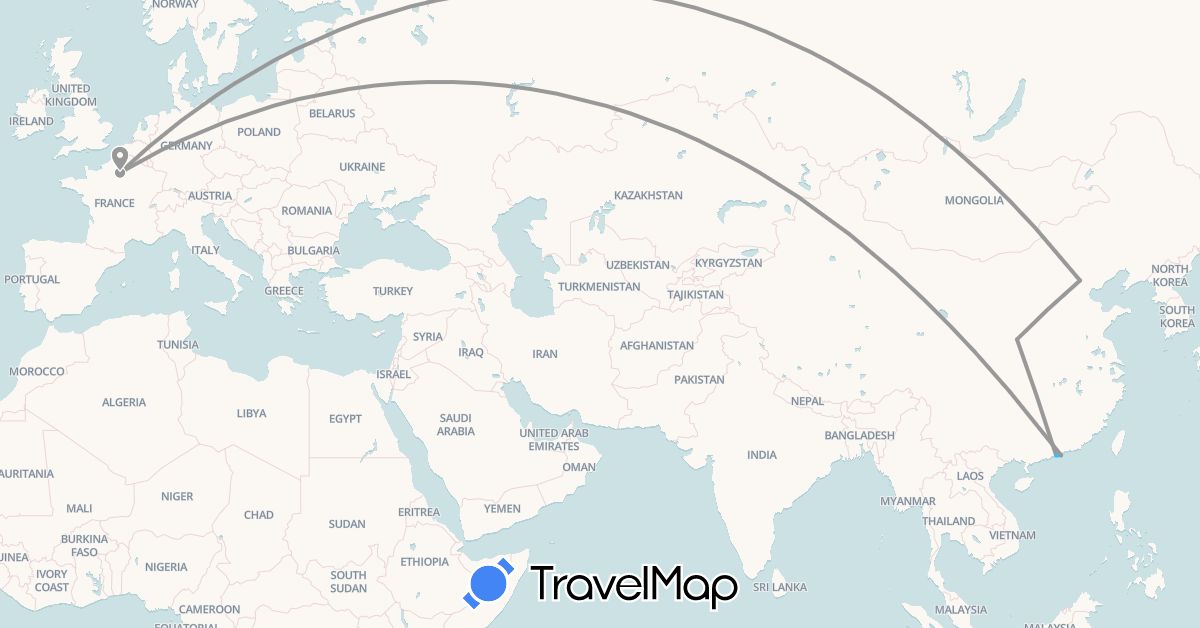 TravelMap itinerary: plane, boat in China, France (Asia, Europe)